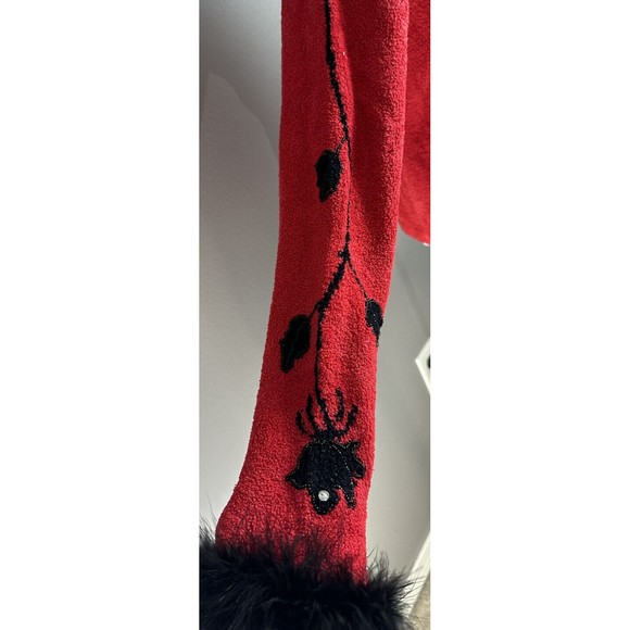 Berek Red Button Sweater Sz M Black Floral Beaded Faux Fur Collar/cuffs VTG 90's - Picture 6 of 8